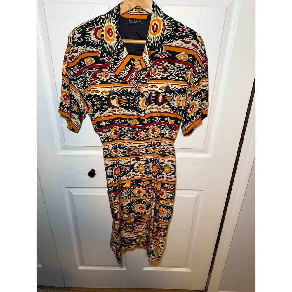 Gillian 100% Silk Tribal Print Shirt Dress Belted Size 10 Vintage